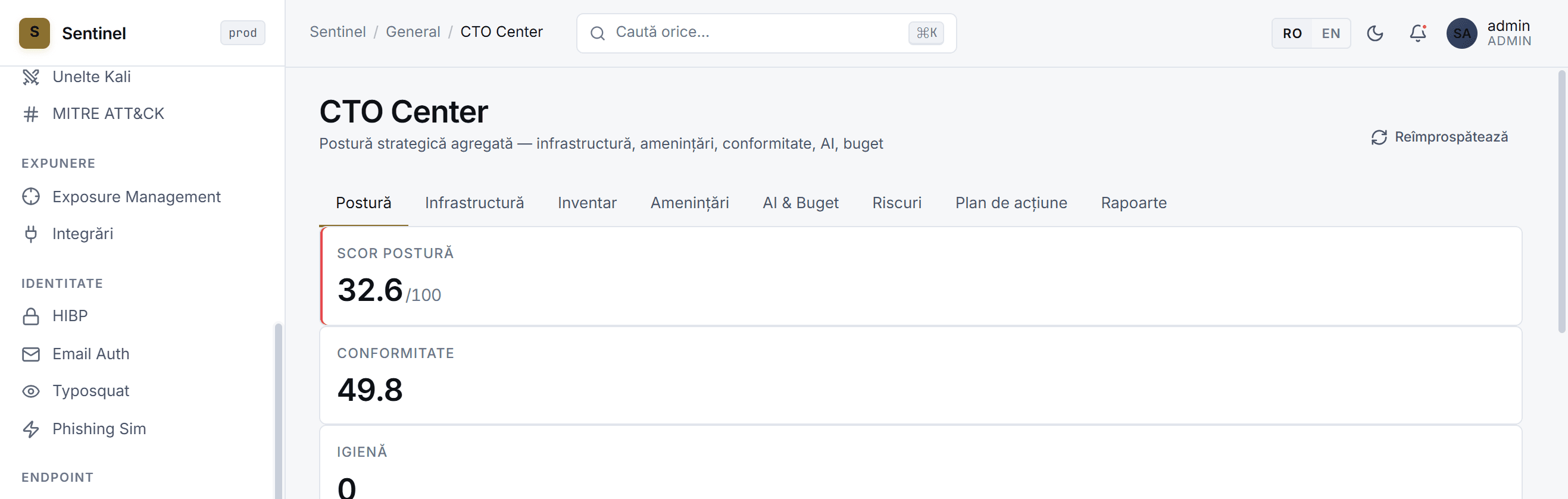 Interfața Defneo — CTO Center, cu scorul de postură și starea conformității